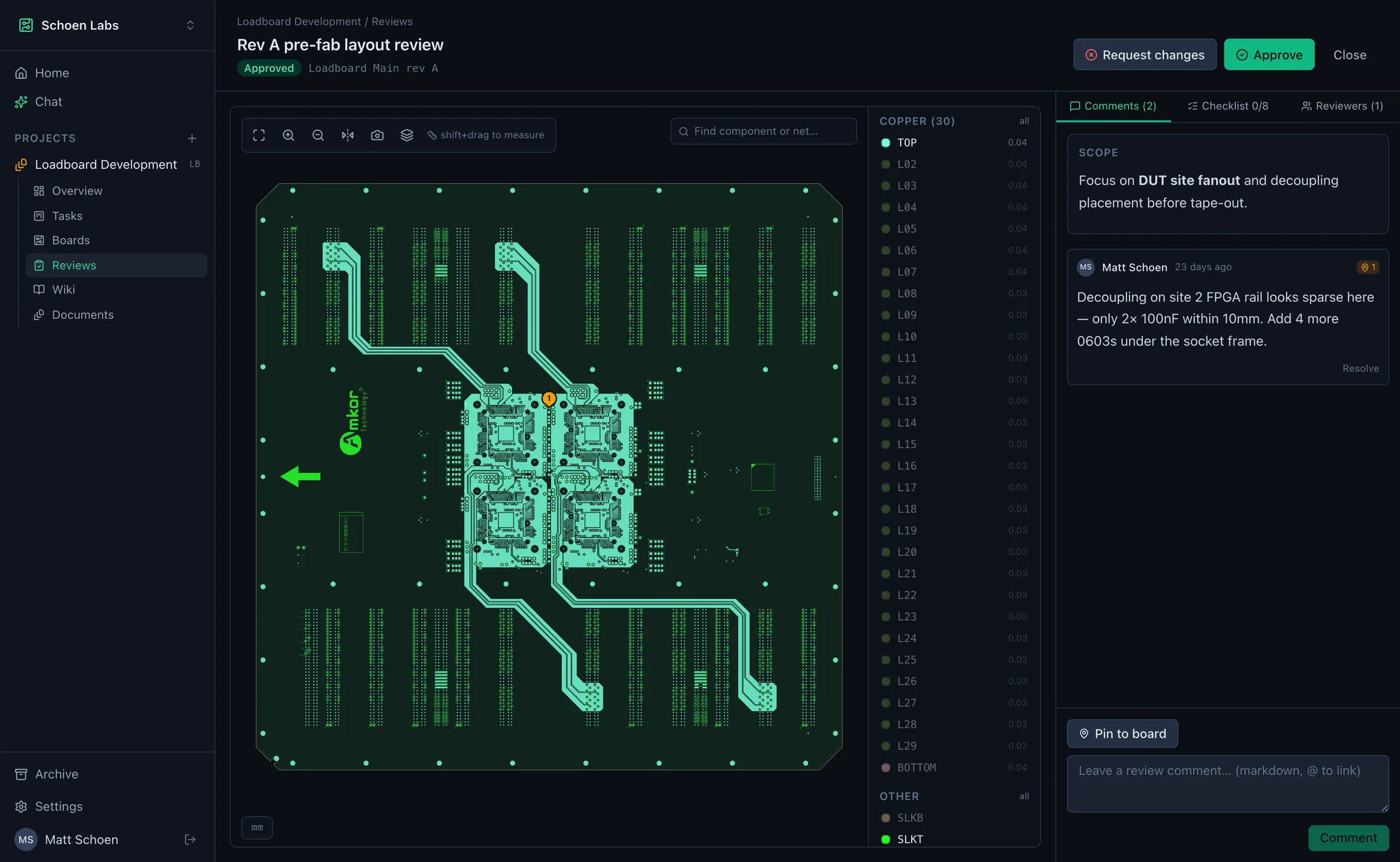 A PCB design review in Riparian with a comment pinned to the board layout and approve / request changes controls